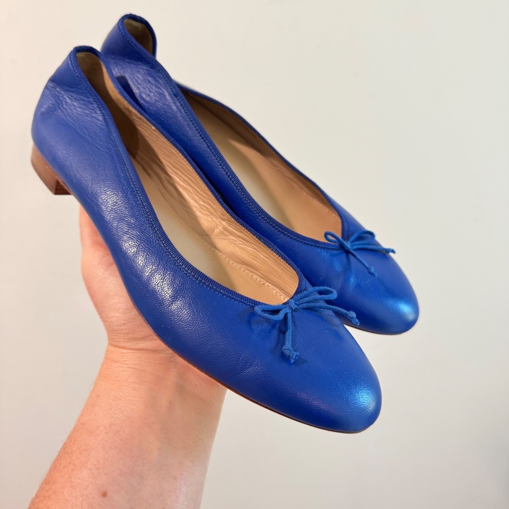 J.Crew Italian Leather Ballet Flats Cobalt Blue Round Toe Bow 69396 Size 8